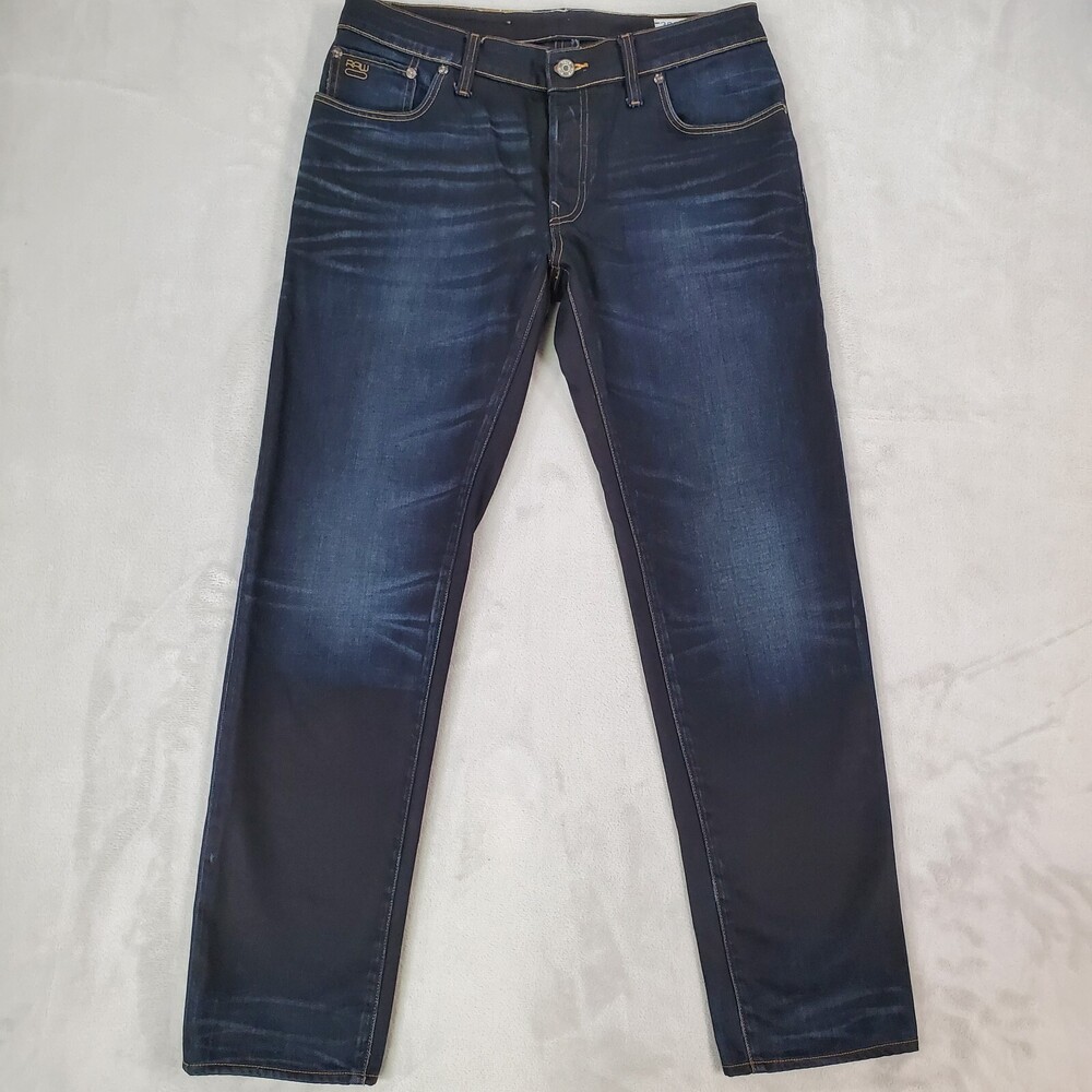 G Star Raw Jeans 3301 Low Tapered Mens 36x32 Dark Rinse Button Fly Whiskers